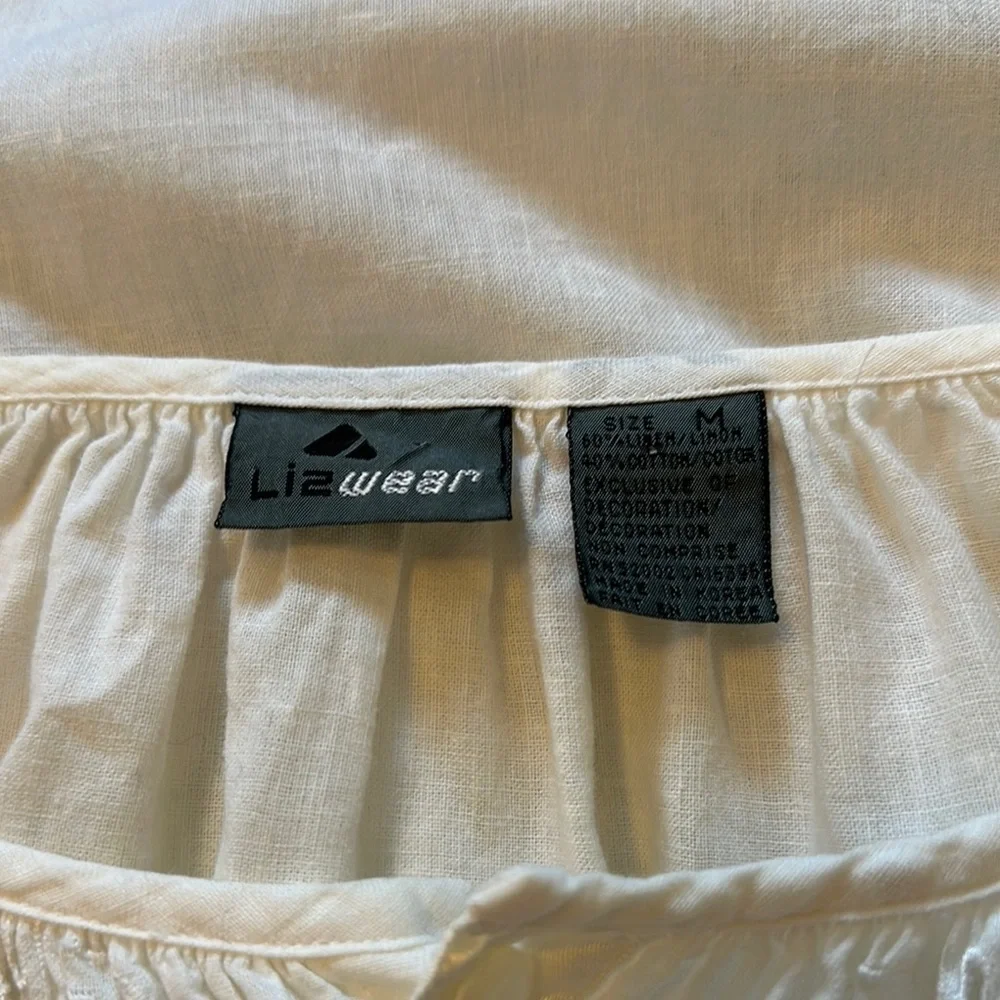 Lizwear White Vintage Boho Eyelet Peasant Prairie Embroidered Blouse GVC M